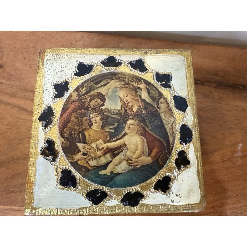 Vintage Handmade in Italy Gold Leaf Wood Trinket Jewelry Box Florentine